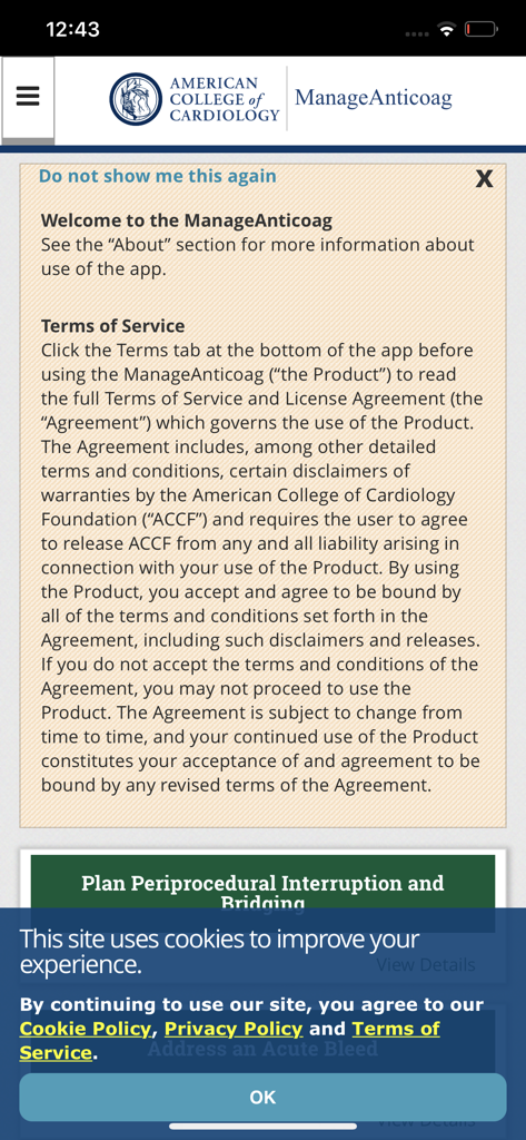 Pantalla de bienvenida de la aplicación ManageAnticoag que muestra el logotipo del American College of Cardiology y los términos de servicio