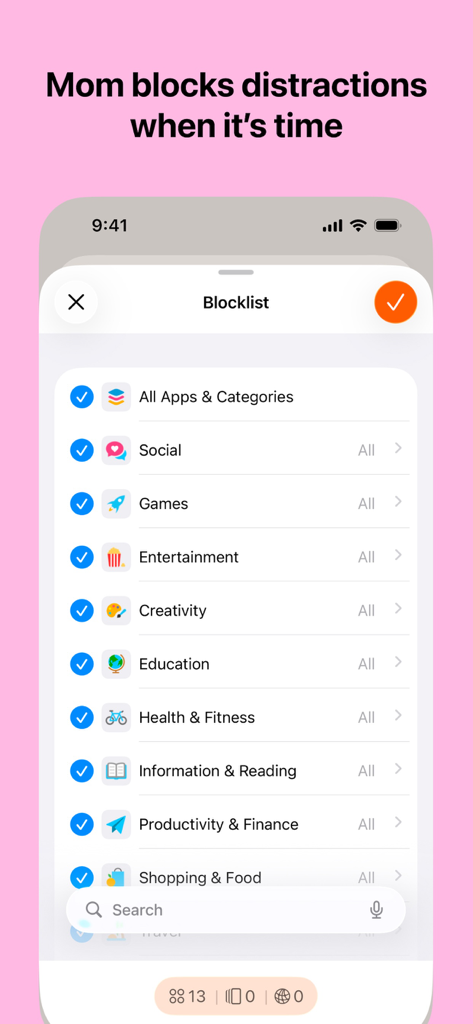 Interface of Mom Clock app showing the blocklist settings where users can select app categories like social and games to block distractions