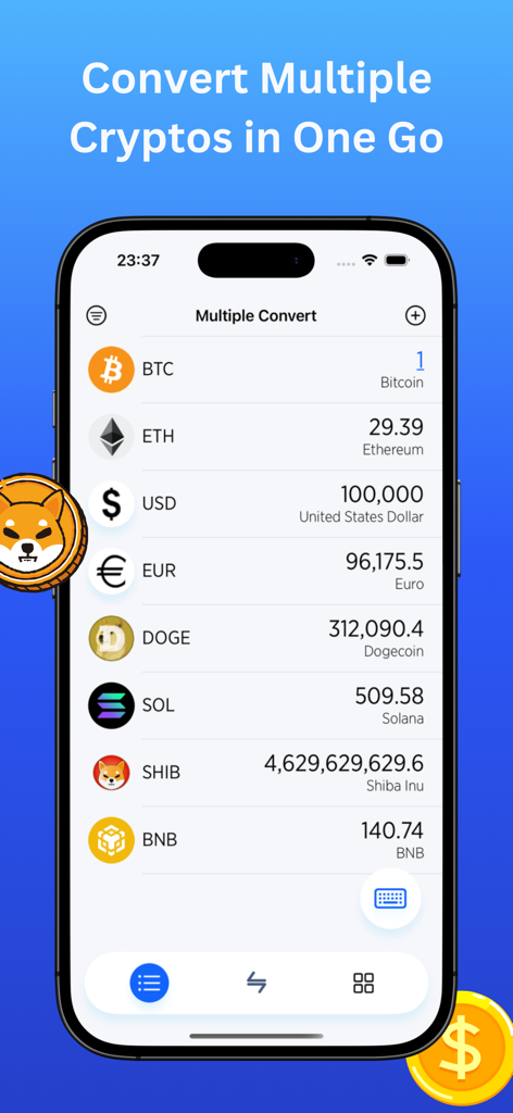 BitConvert - Crypto Calculator - BitConvert app screenshot showing multiple cryptocurrency and fiat currency conversions on an iPhone screen