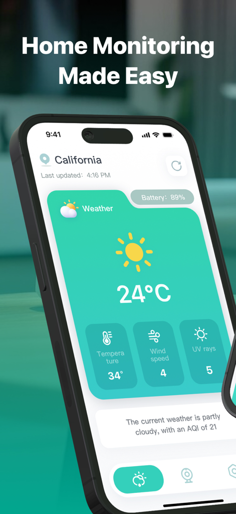 Security Home - Camera Connect - Smartphone screen showing the weather monitoring dashboard within the Security Home app