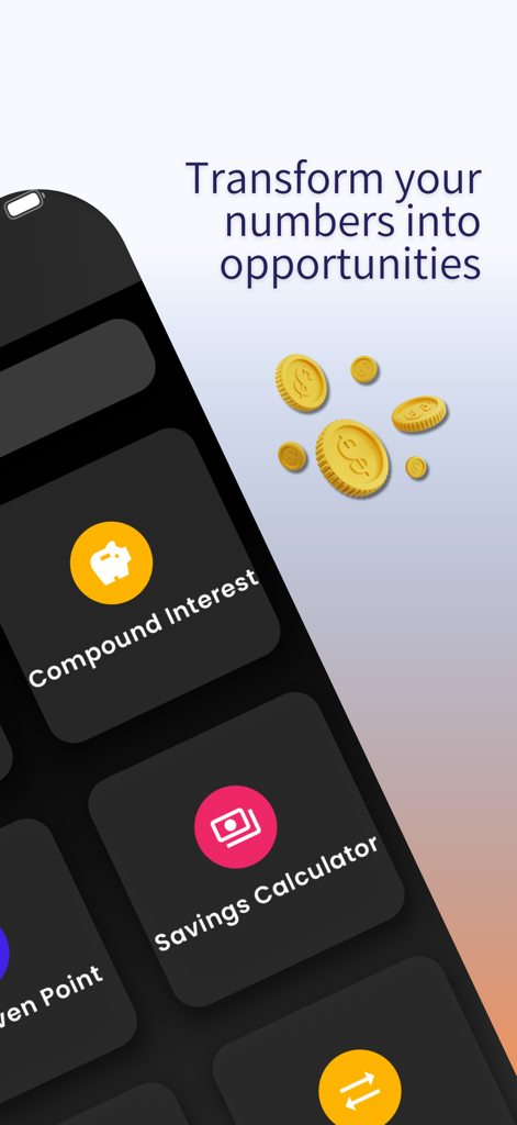 CuentaPro: Finance & Business - Interfaz de la aplicación móvil CuentaPro mostrando fichas de calculadoras de interés compuesto y ahorro con monedas de oro flotantes