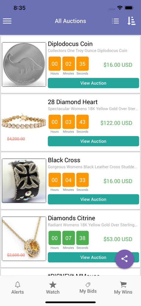 Mobile App-Oberfläche, die aktive Auktionen für Schmuck und Münzen mit Countdown-Timern zeigt