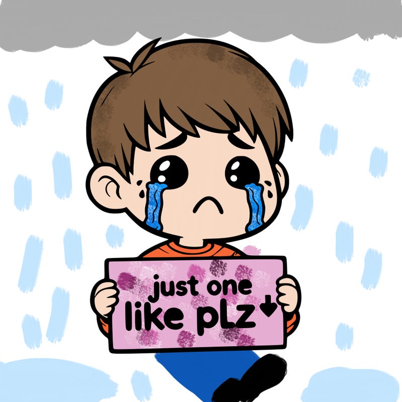 realistic crying boy with a sign saying just one like plz