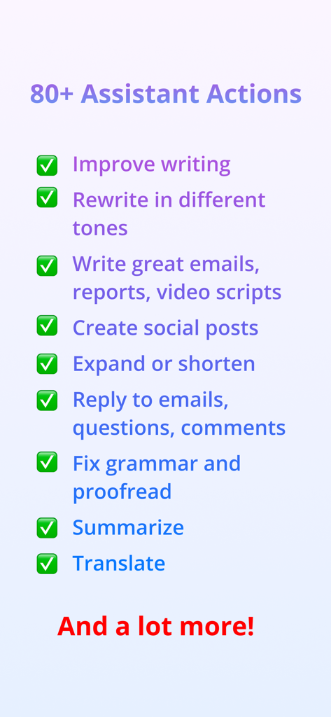 WorkGPT AI Copilot - A checklist of over 80 AI assistant actions including writing improvement, tone rewriting, and content summarization in the WorkGPT app.