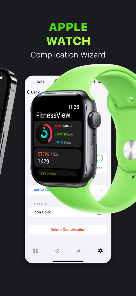 Activity Tracker・FitnessView - Apple Watch displaying FitnessView activity stats next to the iPhone complication wizard settings.