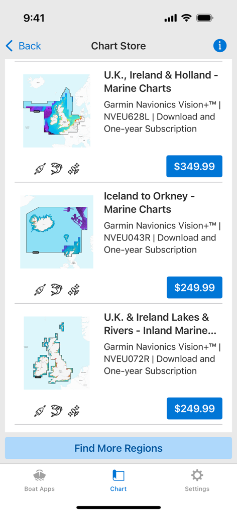 ActiveCaptain® - Boutique de cartes de l'application Garmin ActiveCaptain affichant des cartes marines régionales à l'achat