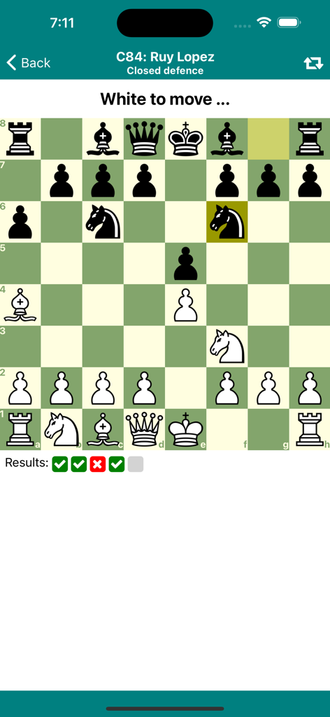 Chess Opener Lite - Interactive chess opening trainer showing the Ruy Lopez variation