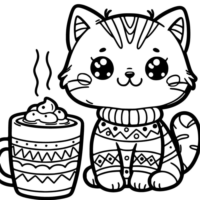 cat with hot chocolate in a christmas mug