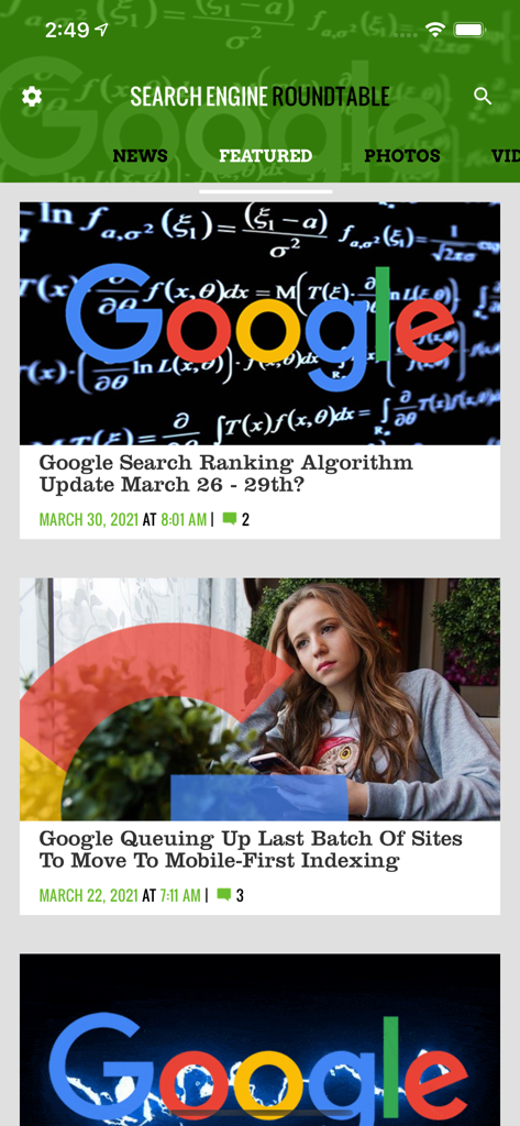 Featured news feed in the Search Engine Roundtable app showing Google search algorithm and mobile indexing updates.