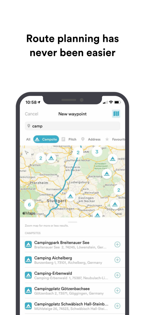 FREEONTOUR Camping App - Kartenoberfläche der FREEONTOUR App, die Routenplanung und Campingplatz-Listings in Deutschland zeigt