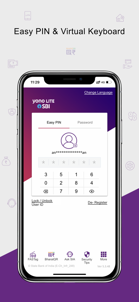 Yono Lite SBI mobile app login screen featuring the Easy PIN and virtual keyboard for secure access.