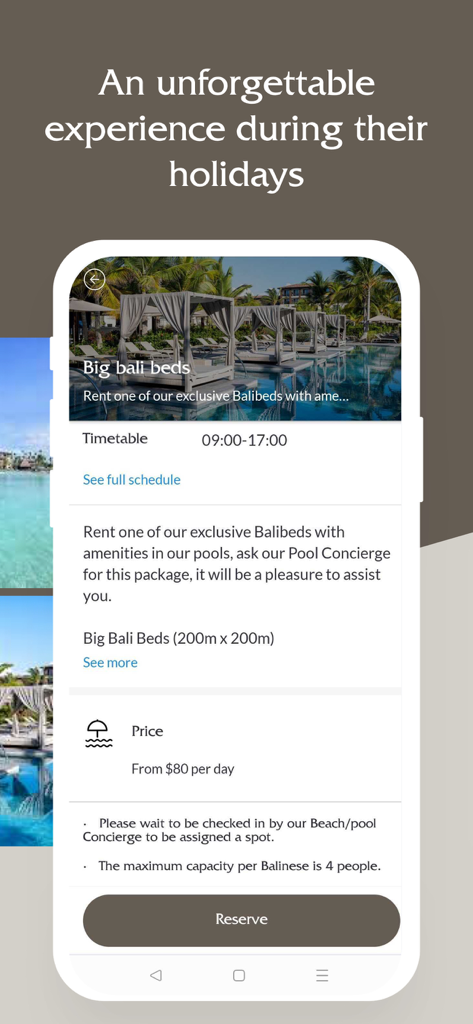 Pantalla de la app de Lopesan Hotel Group para reservar exclusivas camas balinesas junto a la piscina.