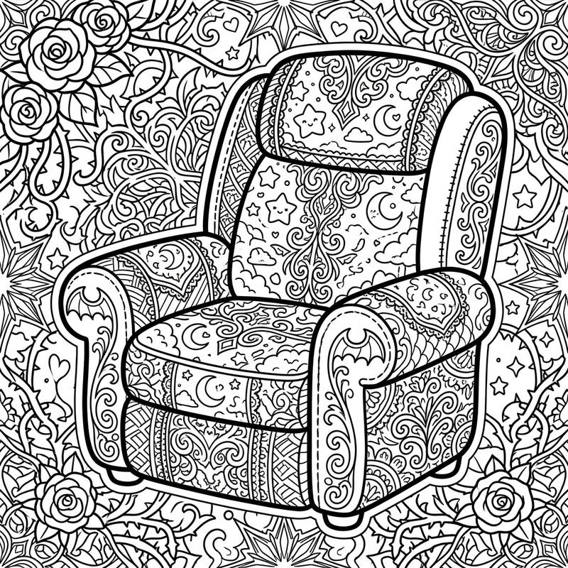 Discover a truly unique coloring experience with this charming recliner, blending cozy comfort with a touch of dark, whimsical elegance. Its intricate Kawaii and Gothic patterns offer endless creative possibilities for colorists of all levels.