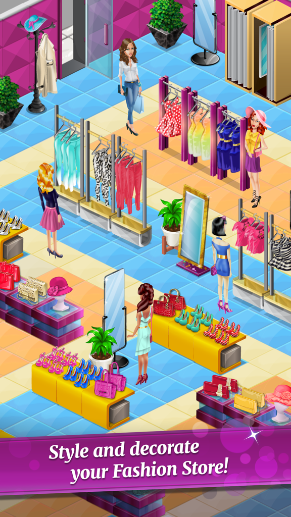 A vibrant and stylish boutique interior with various outfits and accessories in Fashion City 2