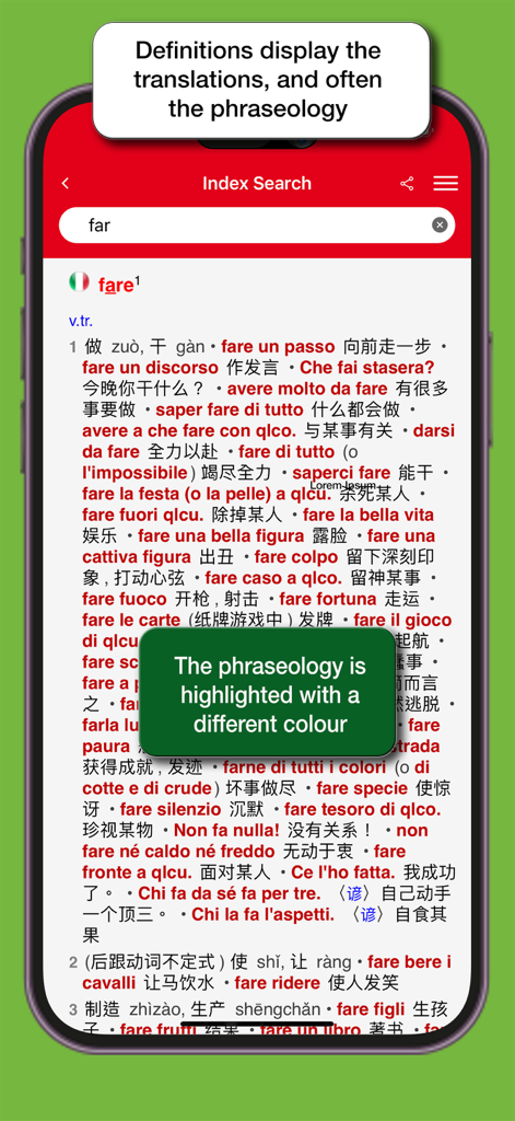 Interface du dictionnaire italien-chinois Hoepli affichant des définitions avec phraséologie mise en surbrillance