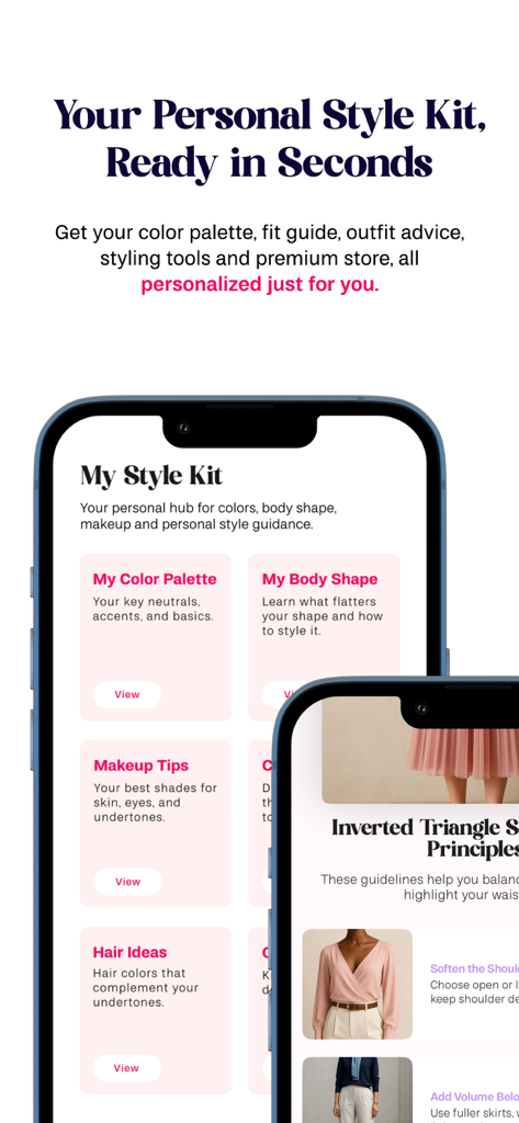 misi app personal style kit showing color palette and body shape analysis screens