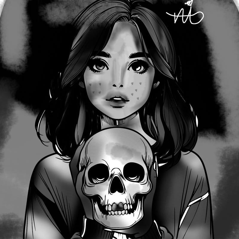 realistic girl holding a skull