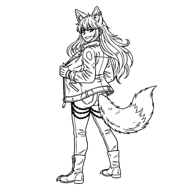 a high schooler from ua from mha she has long thick hair with messy bangs she also has coyote ears that are pierced one is a stud earring and her second set is cross earring she is confident and smiling she is holding the inside of her leather coat she is wearing jeans that have tons of chains her coyote tail is facing up and she is also wearing fingerless gloves and her high leather boots have claws on the ends she has ear pods in her coyote ears.😏