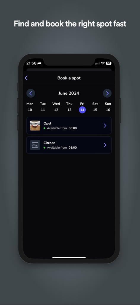 Whatspot - Mobile app interface of Whatspot showing a calendar for booking meeting rooms and parking spaces
