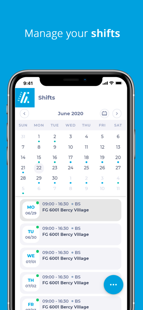 Interface do aplicativo GIR Staff mostrando calendário de turnos de trabalho e escala