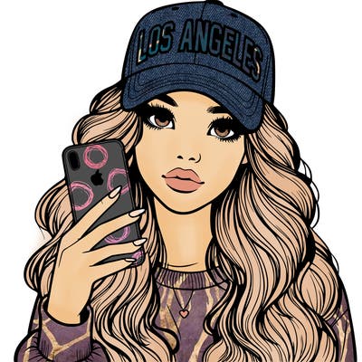 realistic beautiful girl wearing los ángeles cap holding an iphone