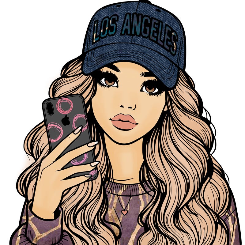 realistic beautiful girl wearing los ángeles cap holding an iphone