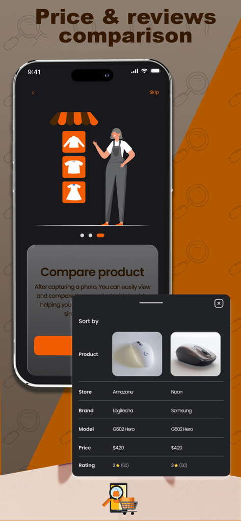 Product Finder - Price Compare - 様々なオンラインストアでのコンピューターマウスの価格とレビューの比較を示すモバイルアプリのインターフェース