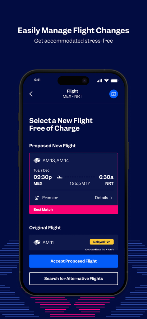 Aeroméxico - Aeroméxico mobile app interface for selecting a new flight free of charge due to a delay