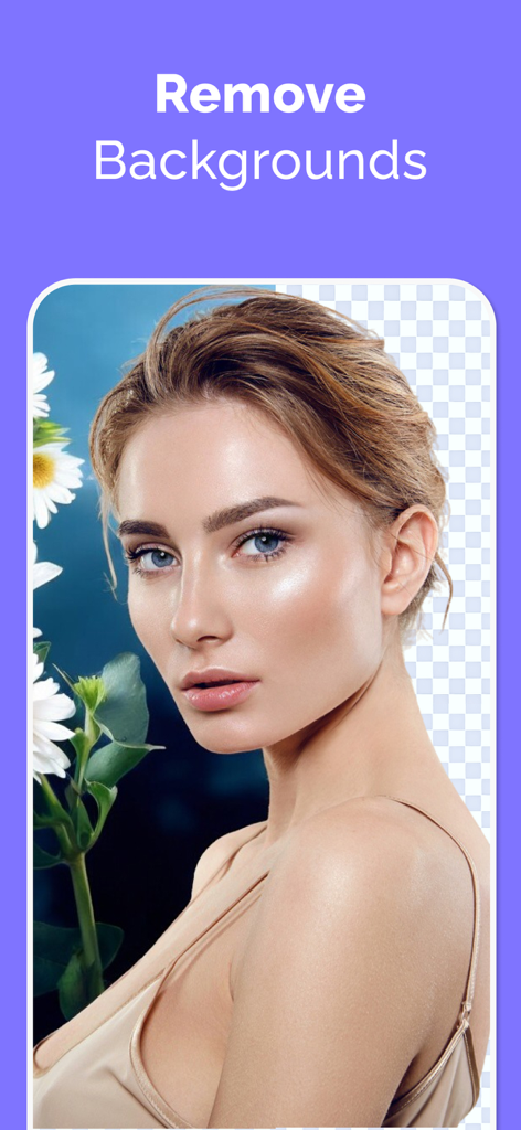 AI Art Photo Editor, GIF Maker - Um retrato de uma mulher demonstrando o recurso de remoção de fundo de IA com um efeito de tabuleiro de xadrez transparente.