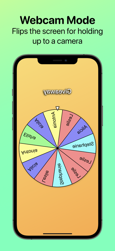Winner Wheel app interface in Webcam Mode with a mirrored screen for streamers to show the wheel to their audience during live videos