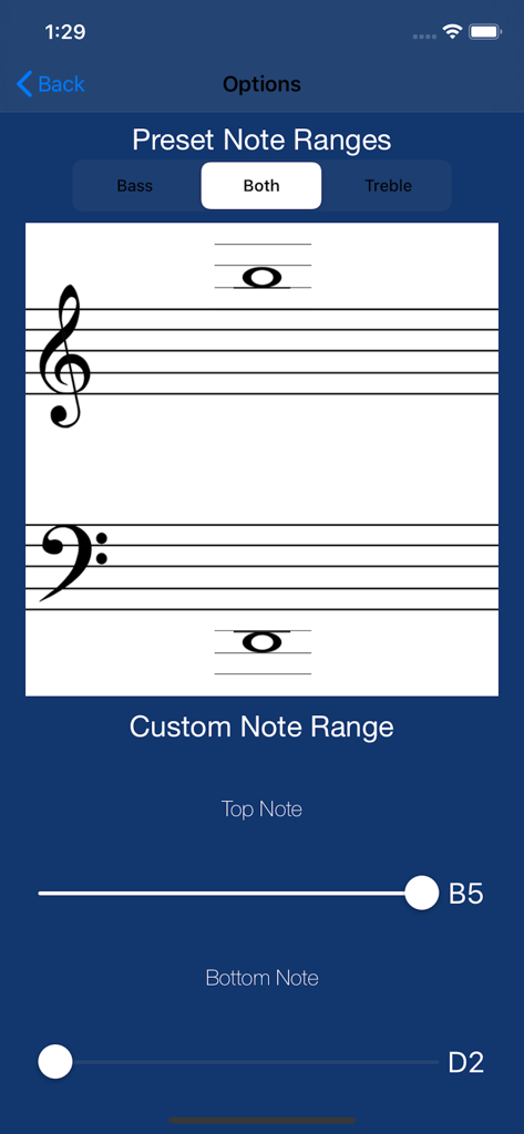 Interface of the NoteRacer app showing settings for preset and custom music note ranges on treble and bass clefs.