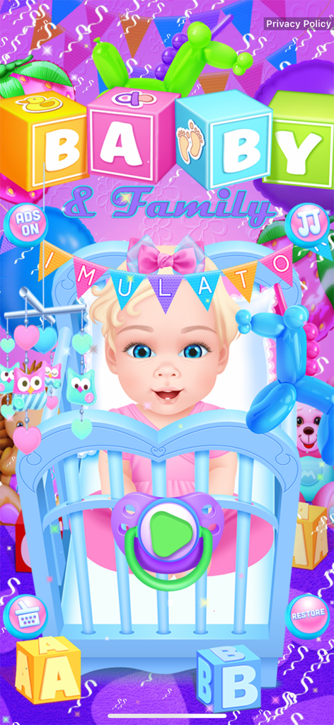 Baby & Family Simulator Games - 컬러풀한 장난감 블록과 공갈 젖꼭지 재생 버튼이 있는 파란색 아기 침대 속 아기가 등장하는 아기 및 가족 시뮬레이터 게임의 메인 메뉴 화면