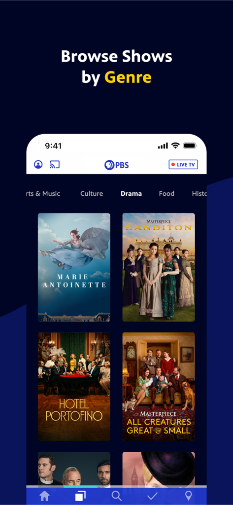 PBS: Watch TV & Documentaries - Una captura de pantalla de la aplicación móvil PBS que muestra varios programas de drama como Sanditon y Hotel Portofino en la sección de navegación por género.