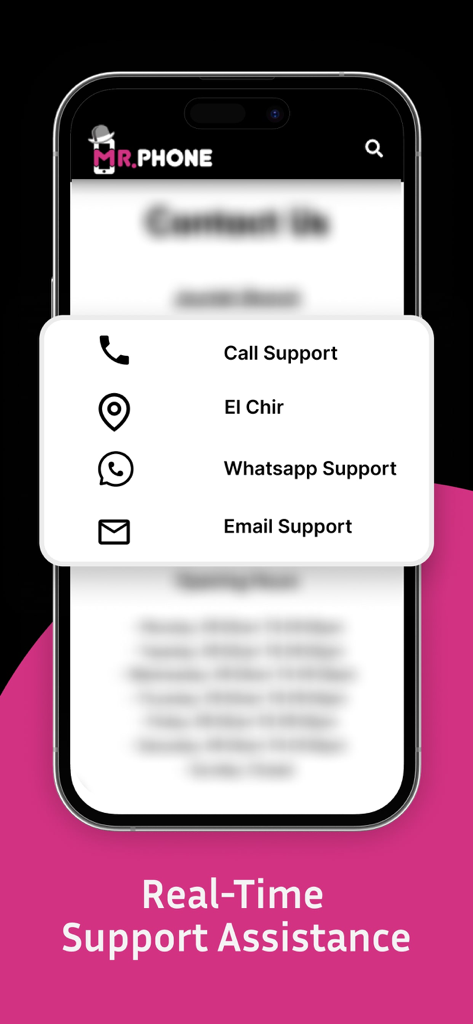 Pantalla de la aplicación móvil Mr. Phone que muestra opciones de atención al cliente, como llamadas por WhatsApp y asistencia por correo electrónico.