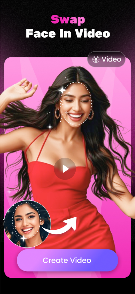 a1.art:Fun AI Photo Generator - a1.art 앱 인터페이스에서 AI 얼굴 바꾸기 비디오 기능 보여주기.