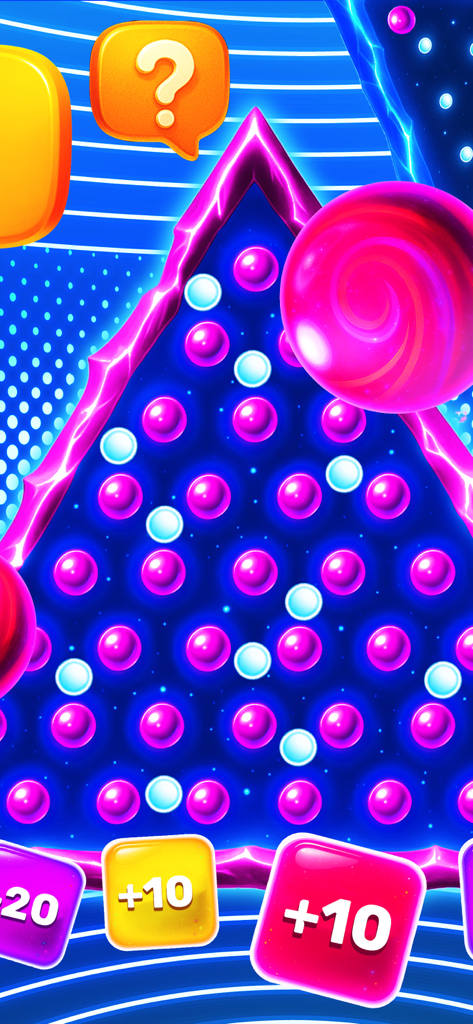 A neon-colored triangular board with pink bubbles and score boosters representing the gamified achievement system in Recipy Maker.