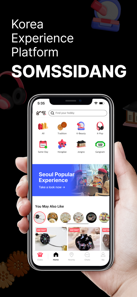 SOMSSIDANG - Experience Korea - Smartphone screen showing the SOMSSIDANG app interface for exploring local Korean cultural experiences and workshops.