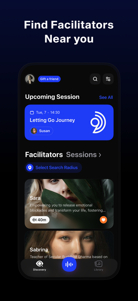 9D Breathwork app interface showing upcoming sessions and a list of local facilitators for holistic healing