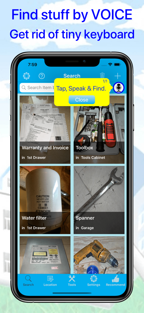 Inventory app screen showing voice search functionality and photos of organized household items