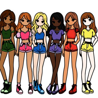 a group of girls wearing crop tops and shorts