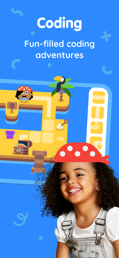 A smiling young girl wearing a pirate bandana next to a screen showing a pirate themed coding adventure for kids