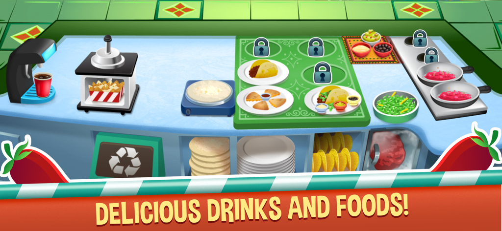 My Taco Shop: Chef Game - Un comptoir de cuisine coloré dans My Taco Shop montrant des tacos, des quesadillas et des boissons.