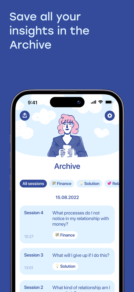 Una pantalla de teléfono móvil que muestra la sección Archivo de la aplicación OhSofia AI Therapy Chat con una lista de sesiones de salud mental guardadas e ideas emocionales.