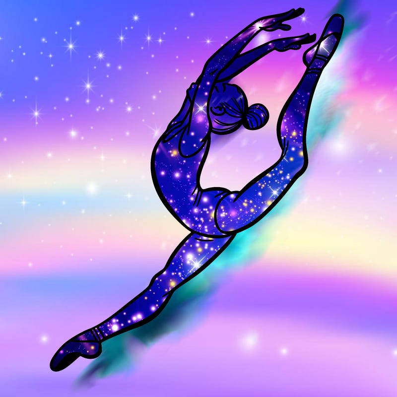 gymnast doing a leap in a leotard with a bent back leg