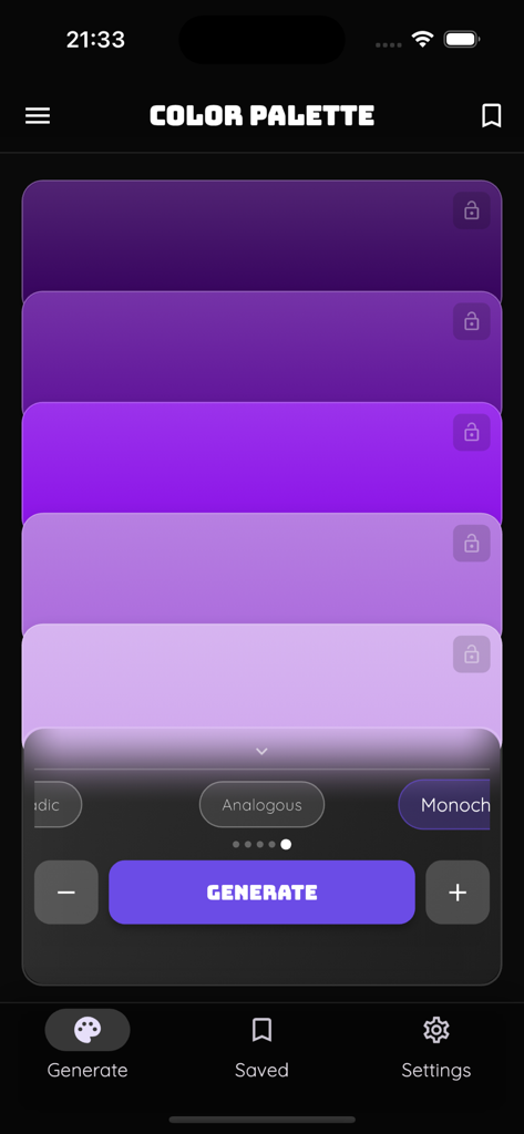 Colors by Lumina - Monochromatic purple color palette generator screen in the Colors by Lumina app