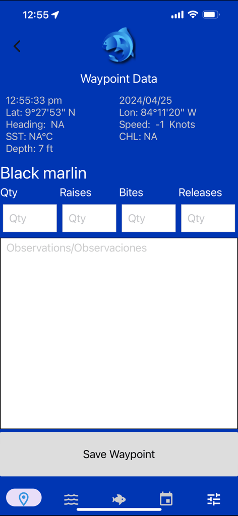 Smartphone screen showing the PezCA app waypoint data entry page for recording black marlin catch details including location and quantity