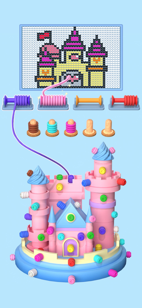 Wool Master 3D - Thread Sort - A 3D pink castle puzzle where colorful yarn is being unraveled to reveal a hidden pixel art painting