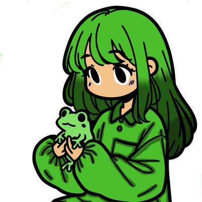 girl with long hair and a oversized shirt. and she is holding a frog