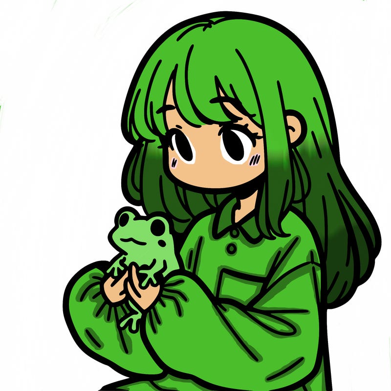 girl with long hair and a oversized shirt. and she is holding a frog