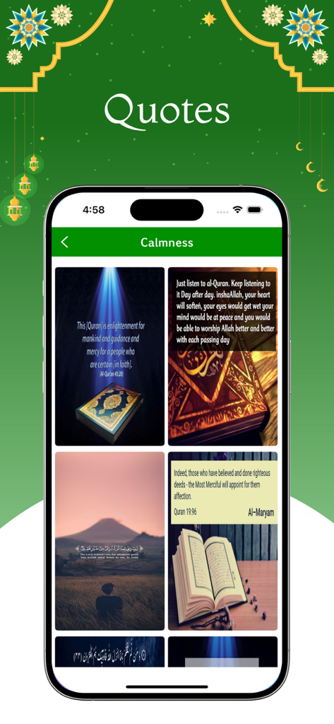 Al Quran - Read Qur'an Offline - A mobile phone displaying a gallery of inspirational Islamic quotes and Quranic verses with artistic backgrounds.